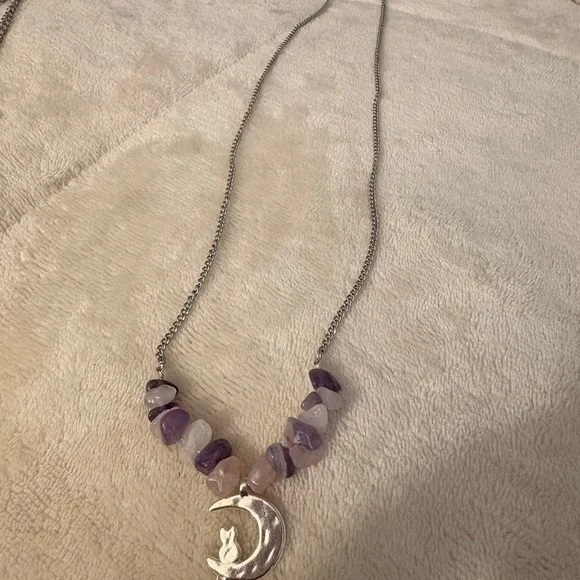 Amethyst & Rose Quartz Crystal Necklace 18” Stainless Steel Magnetic Clasp - Picture 2 of 4